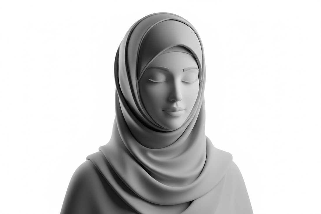 A face of Muslim woman waring hijab in grays color 3d with white background 